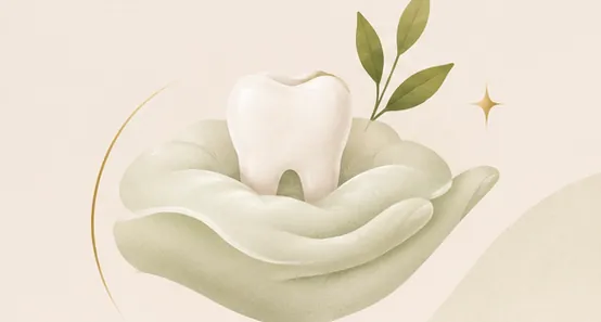 Ilustração de dente acolhido em mãos, com folha simbolizando recuperação