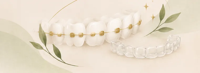 Ilustração de dentes com aparelho autoligado e alinhador invisível