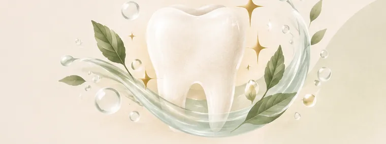 Ilustração de dente limpo com folhas e água