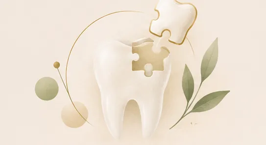 Ilustração de dente sendo restaurado como um quebra-cabeça